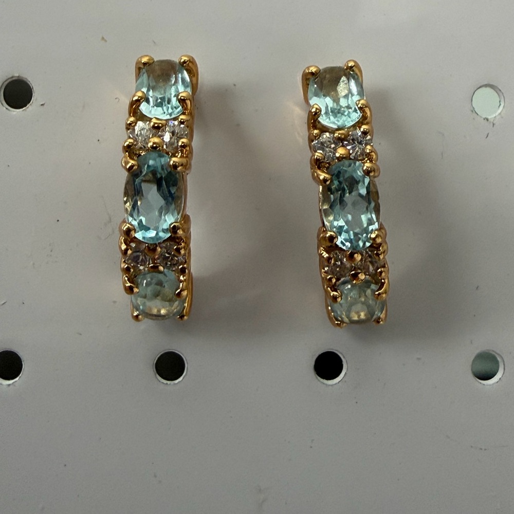 Gold-Plated 925 Sterling Silver Blue Gem Hoop Earrings